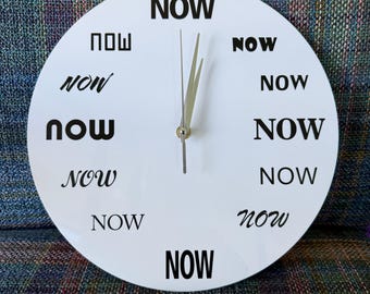 The Time is Now Wall Clock -- Modern Minimalist Motivational Clock, Black & White Typography Decor