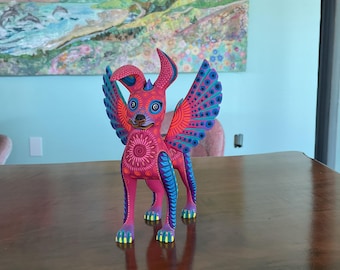 Hand-Painted Oaxacan Alebrije – Winged Dog Spirit Sculpture Magenta