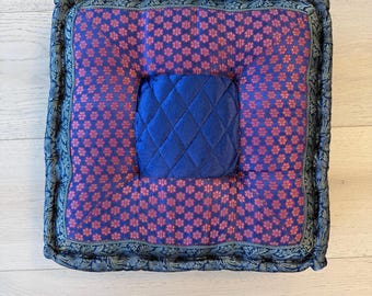 Velvet Meditation Cushion Blue & Magenta - Square Floor Pillow - Boho Yoga Cushion - Floral Jacquard Cushion - 18x18 Seat Cushion