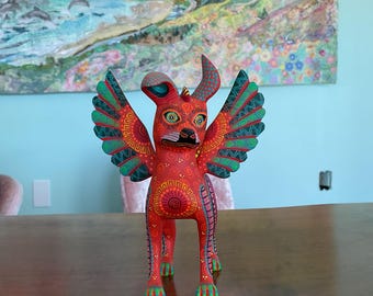 Hand-Painted Oaxacan Alebrije – Winged Dog Spirit Sculpture Orange and Blue