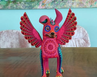 Hand-Painted Oaxacan Alebrije – Winged Dog Spirit Sculpture Magenta