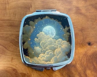 Neverland Moon & Clouds Pocket Mirror - Vintage Style Compact, Double Mirror Travel Case