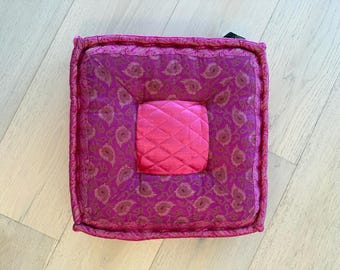 Pink Velvet Meditation Cushion - Square Floor Pillow - Boho Yoga Seat - Floral Jacquard Cushion