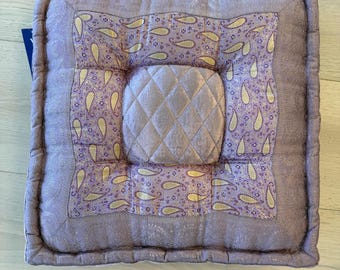 Velvet Meditation Cushion Taupe & Lavender - Square Floor Pillow - Boho Yoga Cushion - Jacquard Border Cushion - 18 x 18 Seat Cushion
