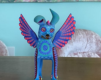 Hand-Painted Oaxacan Alebrije – Winged Dog Spirit Sculpture Blue