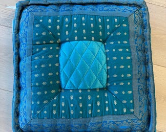 Teal Velvet Meditation Cushion 18x18 - Wally Decor Floor Pillow- Boho Jacquard Seat - Yoga Cushion - Square Pouf