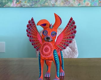 Hand-Painted Oaxacan Alebrije – Winged Dog Spirit Sculpture Orange and Purple