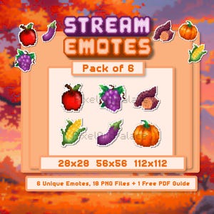 May include: A digital pack of 6 pixel art stream emotes featuring an apple, grapes, sweet potato, corn, eggplant, and pumpkin. The display includes the text STREAM EMOTES, Pack of 6, 28x28 56x56 112x112, and 6 Unique Emotes, 18 PNG Files + 1 Free PDF Guide.