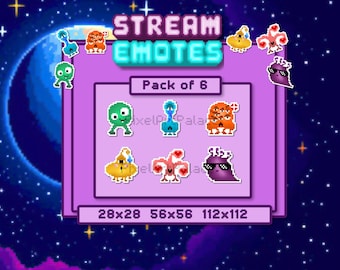 Pixel Art Alien Emotes for Streams and Chat Servers, Outer Space Assets for Galactic Streamers, 6 Unique Faces and Designs (18 PNG Files)
