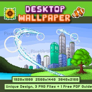 May include: A pixel art desktop wallpaper featuring a city skyline with tall buildings, a green tree, and a blue river. A trail of sparkling bubbles forms a heart shape in the sky. The text reads DESKTOP WALLPAPER, 1920x1080, 2560x1440, 3840x2160.