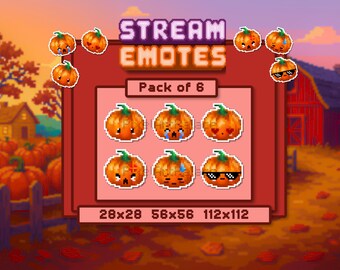 Pumpkin Emotes for Streams and Chat Servers, Chibi Halloween Assets for Cozy Farm Game Streamers, 6 Unique Faces (18 PNG Files)