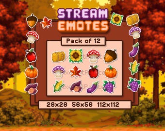 Autumn Emotes Bundle for Streams and Chat Servers, Fall Cottagecore Assets for Cozy Farm Game Streamers, 12 Unique Designs (36 PNG Files)