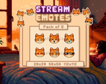Cute Pixel Art Orange Cat Emotes for Streams and Chat Servers, Animal Expressions Assets for Cat Loving Streamers, 6 Unique Faces (18 PNGs)