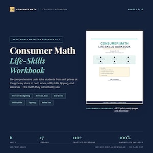Può includere: Un quaderno di esercizi di matematica per la vita quotidiana per le classi 8-10, con sfondo blu scuro e testo bianco. Copre sei unità: budget, affitto contro acquisto, costi auto, bollette, mance e imposte sulle vendite.