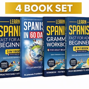 May include: A set of four Spanish language learning books. The books have titles such as "Learn Spanish Fast for Beginners" and "Spanish in 60 Days." The covers feature colorful graphics and text, with the words "4 Book Set" at the top.