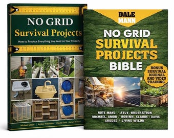 May include: A two-book set on off-grid living. The books, titled "No Grid Survival Projects" and "No Grid Survival Projects Bible," feature images of survival projects. The top banner reads "2 BOOK SET," and the bottom banner says "BESTSELLING BOOKS ON OFF-GRID LIVING!"