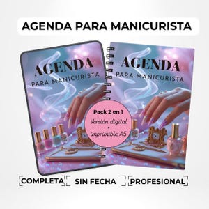 Puede incluir: Dos agendas de espiral tituladas AGENDA PARA MANICURISTA con un gráfico de manos manicuradas, esmaltes de uñas y un pequeño reloj. Un círculo rosa central muestra el texto Pack 2 en 1 Versión digital + imprimible A5.