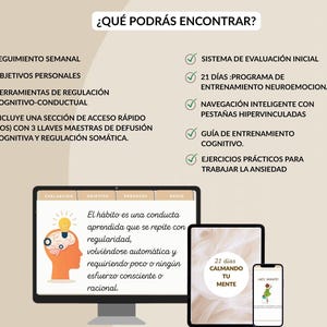 Puede incluir: Un programa de bienestar digital se muestra en un monitor de ordenador, una tableta y un smartphone. La pantalla muestra texto en espa&ntilde;ol, incluyendo "21 d&iacute;as calmando tu mente" y un gr&aacute;fico de un cerebro con una bombilla. La imagen tambi&eacute;n enumera caracter&iacute;sticas.