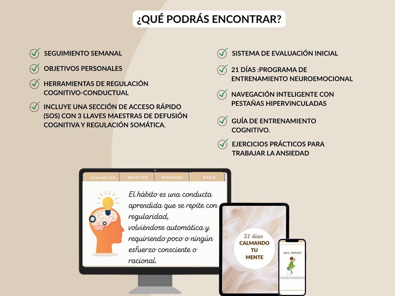 Puede incluir: Un programa de bienestar digital se muestra en un monitor de ordenador, una tableta y un smartphone. La pantalla muestra texto en espa&ntilde;ol, incluyendo "21 d&iacute;as calmando tu mente" y un gr&aacute;fico de un cerebro con una bombilla. La imagen tambi&eacute;n enumera caracter&iacute;sticas.