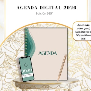Puede incluir: Agenda digital para 2026, con el texto "AGENDA DIGITAL 2026" y "Edición 365°". La imagen incluye un cuaderno, un smartphone que muestra "2026" y un bolígrafo. Diseñado para iPad, GoodNotes y dispositivos iOS.