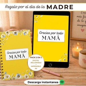 Puede incluir: Un cuaderno y una tableta amarillos muestran el mensaje "Gracias por todo MAMÁ" (Gracias por todo MAMÁ) en blanco. El cuaderno tiene un borde floral. La imagen también incluye un bolígrafo, una vela y una taza con un corazón.