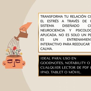 Puede incluir: Ilustraci&oacute;n de una cabeza con flores regadas por una mano que sostiene una regadera. El texto en espa&ntilde;ol describe un programa de entrenamiento interactivo para el manejo del estr&eacute;s. El texto est&aacute; en un cuadro blanco.