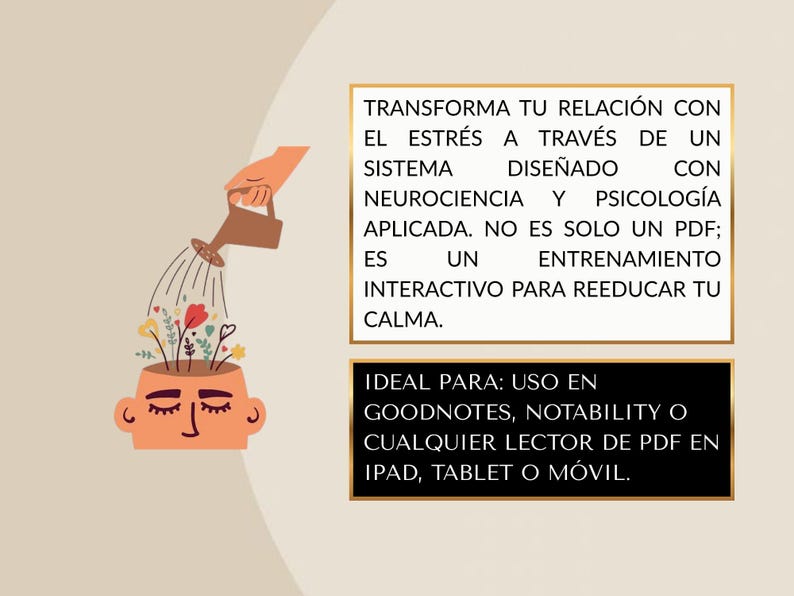 Puede incluir: Ilustraci&oacute;n de una cabeza con flores regadas por una mano que sostiene una regadera. El texto en espa&ntilde;ol describe un programa de entrenamiento interactivo para el manejo del estr&eacute;s. El texto est&aacute; en un cuadro blanco.
