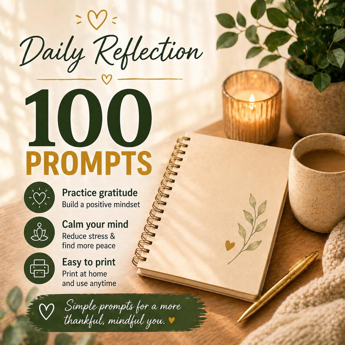 Gratitude Journal Prompts 100 Prompts Printable PDF Daily Self ...