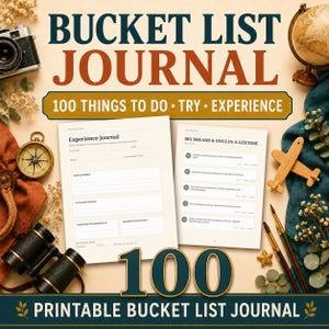 以下が含まれることがあります： 100 THINGS TO DO TRY EXPERIENCEおよび100 PRINTABLE BUCKET LIST JOURNALというテキストが記載されたバケットリストジャーナル。ジャーナルのページには、体験の詳細、大きな夢、目標を記入するセクションとチェックボックスが含まれています。