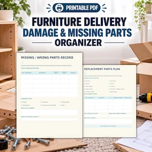 Könnte beinhalten: Ein druckbares PDF mit dem Titel Furniture Delivery Damage & Missing Parts Organizer. Das Dokument enthält ein Missing/Wrong Parts Record mit Spalten für Hardware, Beschreibung und Menge sowie einen Replacement Parts Plan mit Status-Kontrollkästchen.