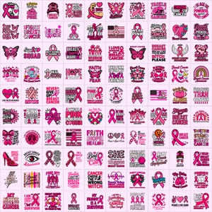 May include: A grid of pink breast cancer awareness designs. The designs include ribbons, text, and graphics. The text includes phrases like "Fight Cancer," "Survivor," and "Hope." The overall theme is support and awareness.