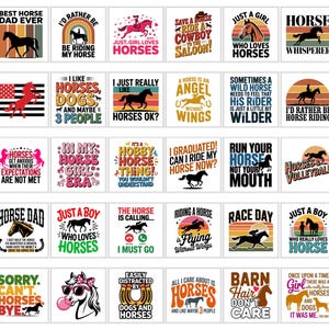 Puede incluir: Colección de diseños gráficos cuadrados con caballos, texto y varios esquemas de color. Los diseños incluyen frases como "Best Horse Dad Ever", "Just a Girl Who Loves Horses" y "I'd Rather Be Horse Riding".