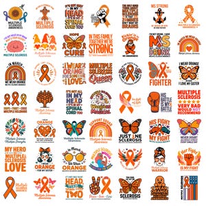 Può includere: Una collezione di disegni con nastri e farfalle arancioni, con testo relativo alla consapevolezza della sclerosi multipla. I disegni includono frasi come "We Wear Orange" e "Just NE Sclerosis".