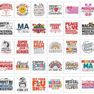 Puede incluir: Una colección de diseños cuadrados con texto y gráficos relacionados con la asistencia médica. Los diseños incluyen frases como "Medical Assistant", "Emergency Nurse" y "Super Heroes Wear Scrubs". Los colores incluyen rojo, azul y amarillo.