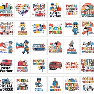 May include: A collection of square stickers featuring postal worker illustrations. Designs include mail trucks, mailboxes, and postal workers with the words "Postal Worker" in various fonts and colors. Some designs include the text "Postal Worker is the Best".