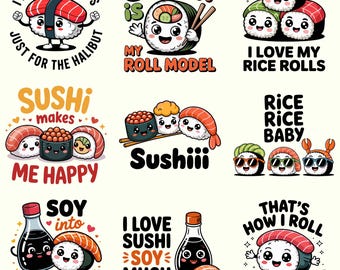Imágenes prediseñadas de sushi kawaii PNG SVG / Personajes de comida japonesa Nigiri Maki Onigiri / Ilustración de rollo para sublimación
