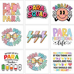 Könnte beinhalten: Neun farbenfrohe Grafikdesigns mit Text und Illustrationen. Die Designs enthalten Sätze wie "Para Squad", "Para Life" und "Para Pro". Weitere Designs zeigen Schleifen, Blitze und ein Smiley-Gesicht.