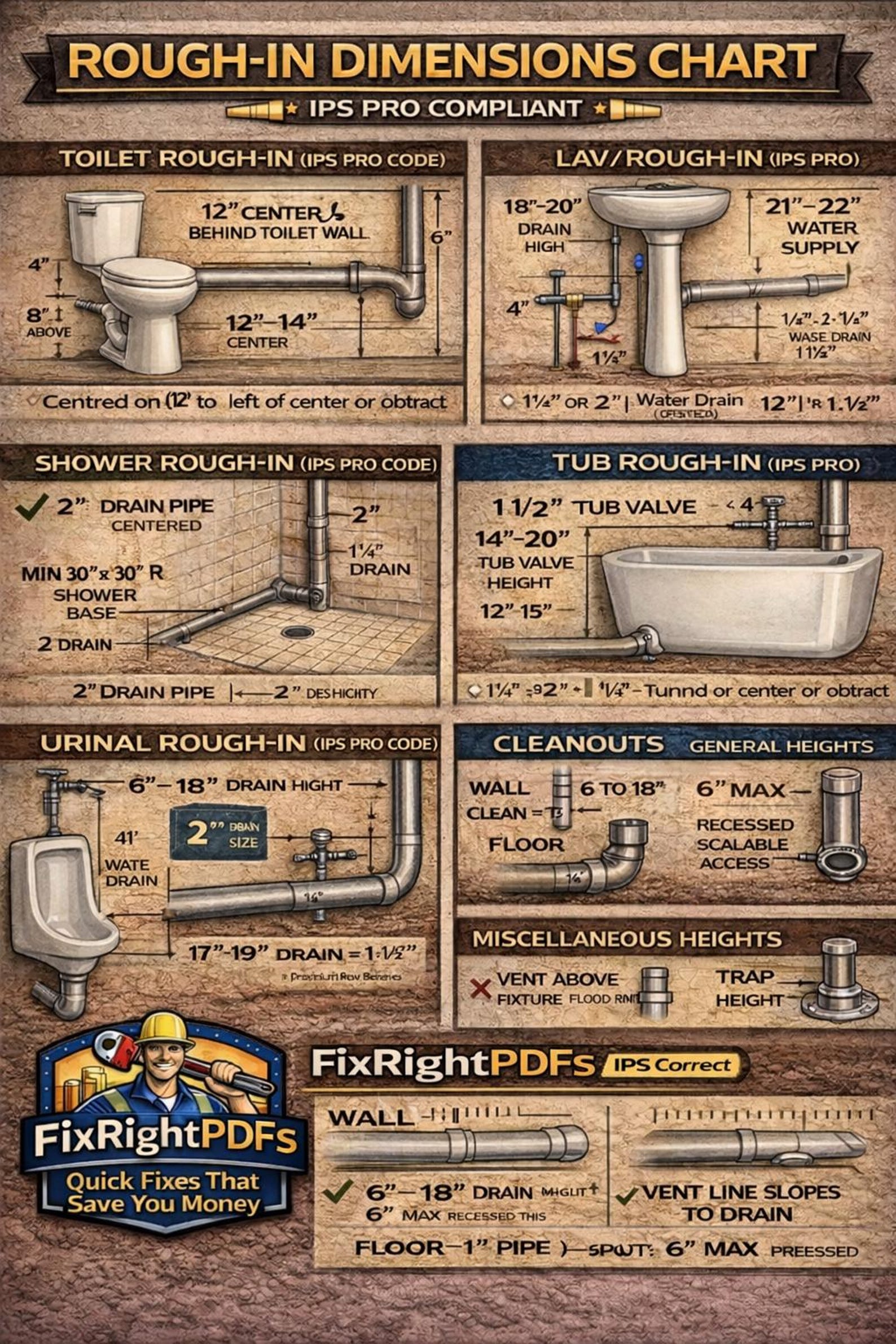 IPS PRO Plumbing Rough-in Dimensions Chart | Toilet, Lav, Shower, Tub ...