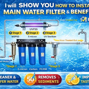 May include: Diagram of a water filtration system with text that reads "I will SHOW YOU HOW TO INSTALL MAIN WATER FILTER & BENEFITS". The system includes blue filters, a UV sterilizer, and text that says "CLEANER & SAFER WATER".