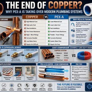 May include: Informative graphic comparing copper and PEX-A pipes for plumbing systems. The image highlights the advantages of PEX-A, including lower cost, faster installation, and flexibility. It also shows the applications of PEX-A in residential and commercial buildings.