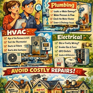 以下が含まれることがあります： 住宅購入者向けのイラスト付きチェックリスト。配管、HVAC、電気検査の詳細。テキストには「HOME BUYER'S INSPECTION CHECKLIST」と「AVOID COSTLY REPAIRS!」が含まれています。家とシステムの漫画イラストが特徴です。