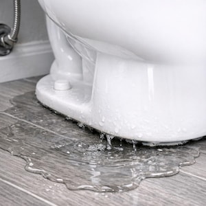 Könnte beinhalten: Nahaufnahme einer weißen Toilette, aus der Wasser auf einen grauen Fliesenboden tropft. Wassertropfen sind auf der Oberfläche der Toilette sichtbar und tropfen herunter. Der Boden ist nass und bildet eine Pfütze.