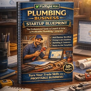 Peut inclure: Un livre à spirales intitulé "Plumbing Business Startup Blueprint" avec un plombier souriant tenant une clé. La couverture indique : "Le guide professionnel pour lancer et développer une entreprise de plomberie rentable." Comprend un ordinateur portable, des outils et des plans.