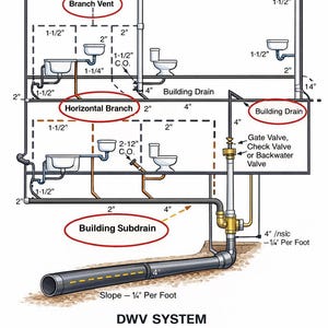 May include: Diagram of a DWV (Drain-Waste-Vent) system in a building, showing plumbing components like building drains, horizontal branches, and a building subdrain. Measurements are in inches.