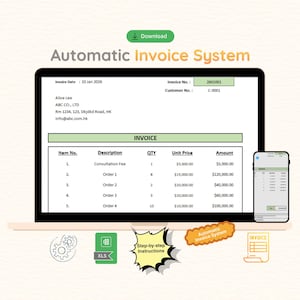 May include: A digital display of an Automatic Invoice System on a laptop and smartphone screen. The invoice shows itemized consultation fees and order amounts. Below are icons for settings, XLS files, step-by-step instructions, and invoice documents.