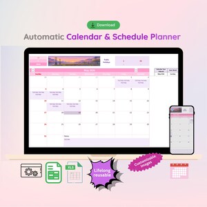 May include: An automatic calendar and schedule planner displayed on a laptop screen and a smartphone. The interface features a pink and white colour scheme, a May 2026 monthly view, and icons for settings, documents, spreadsheets, and a calendar.
