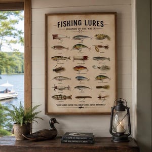May include: A framed wall poster titled FISHING LURES LEGENDS OF THE WATER featuring illustrations of various fishing lures with labels, and the text GOOD LURES CATCH FISH, GREAT LURES CATCH MEMORIES, displayed on a light-colored wooden wall.