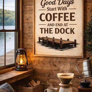 Lámina decorativa "Coffee Dock Lake House", arte mural rústico para cabaña (descarga digital)