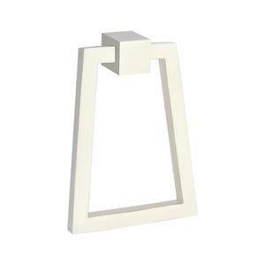 May include: A white, rectangular door pull with a square top and a trapezoidal handle. The hardware is made of a brushed metal material and is designed for a modern aesthetic.