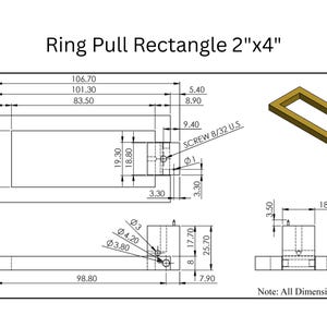 Puede incluir: Dibujo t&eacute;cnico de un tirador rectangular, etiquetado como "Ring Pull Rectangle 2"x4". Las dimensiones est&aacute;n en mil&iacute;metros. Incluye una vista isom&eacute;trica 3D del tirador. Tambi&eacute;n est&aacute; presente el texto "Note: All Dimensions are in MM".